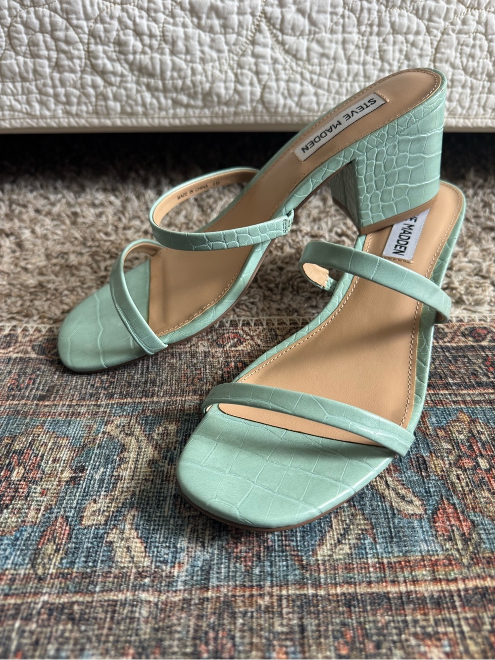 Steve Madden Mint Croc-Embossed Double Strap Block Heel Mules